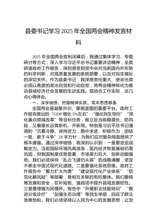 县委书记学习2025年全国两会精神发言材料