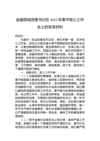 金融领域党委书记在2025年春节收心工作会上的发言材料
