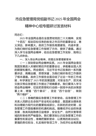 市应急管理局党组副书记2025年全国两会精神中心组专题研讨发言材料
