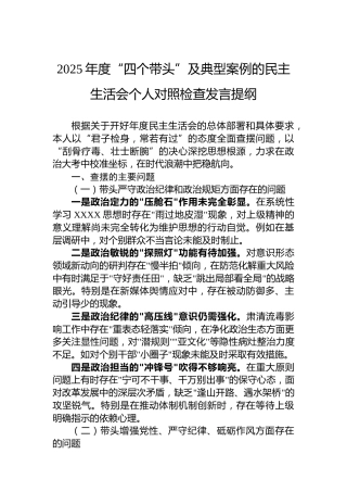 2025年度“四个带头”及典型案例的民主生活会个人对照检查发言提纲