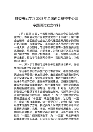 县委书记学习2025年全国两会精神中心组专题研讨发言材料