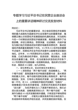 专题学习习近平总书记在民营企业座谈会上的重要讲话精神研讨交流发言材料
