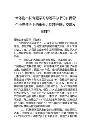 常务副市长专题学习习近平总书记在民营企业座谈会上的重要讲话精神研讨交流发言材料