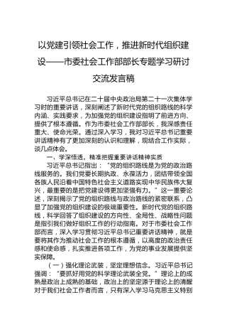 以党建引领社会工作，推进新时代组织建设——市委社会工作部部长专题学习研讨交流发言稿