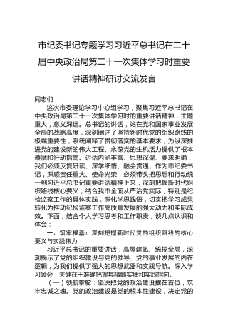 市纪委书记专题学习习近平总书记在二十届中央政治局第二十一次集体学习时重要讲话精神研讨交流发言
