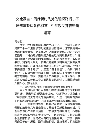 交流发言：践行新时代党的组织路线，不断筑牢政法队伍根基，引领政法开启崭新篇章