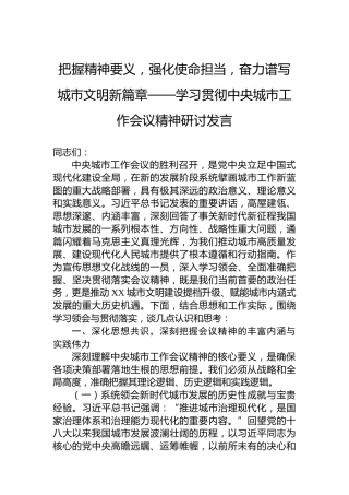 把握精神要义，强化使命担当，奋力谱写城市文明新篇章——学习贯彻中央城市工作会议精神研讨发言
