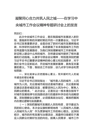 凝聚同心合力共筑人民之城——在学习中央城市工作会议精神专题研讨会上的发言