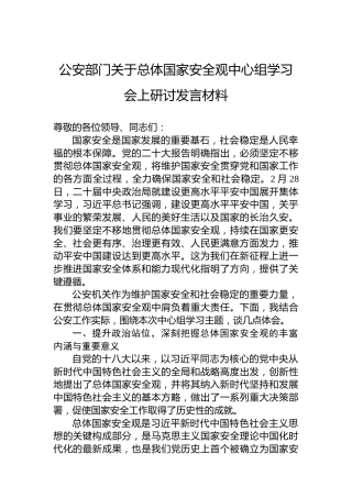 公安部门关于总体国家安全观中心组学习会上研讨发言材料