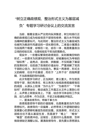 “树立正确政绩观、整治形式主义为基层减负”专题学习研讨会议上的交流发言