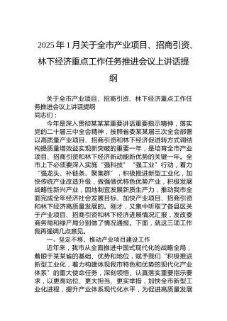 2025年1月关于全市产业项目、招商引资、林下经济重点工作任务推进会议上讲话提纲