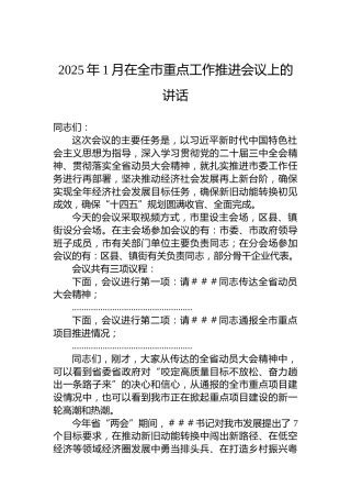 2025年1月在全市重点工作推进会议上的讲话