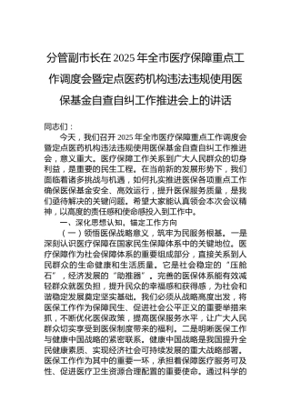 分管副市长在2025年全市医疗保障重点工作调度会暨定点医药机构违法违规使用医保基金自查自纠工作推进会上的讲话