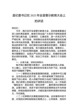 县纪委书记在2025年全县警示教育大会上的讲话