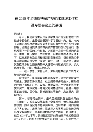 在2025年全镇帮扶资产规范化管理工作推进专题会议上的讲话