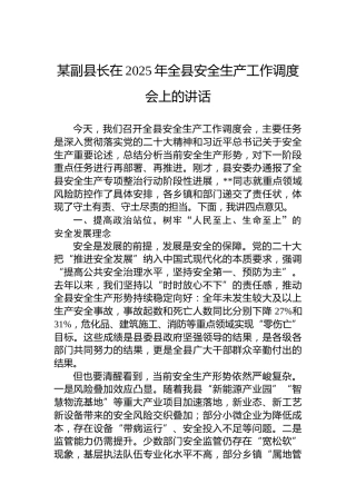 某副县长在2025年全县安全生产工作调度会上的讲话