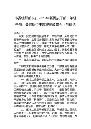 市委组织部长在2025年新提拔干部、年轻干部、关键岗位干部警示教育会上的讲话