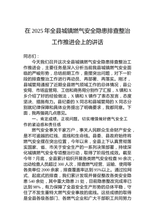 在2025年全县城镇燃气安全隐患排查整治工作推进会上的讲话