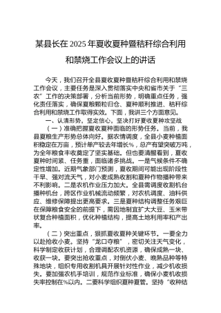 某县长在2025年夏收夏种暨秸秆综合利用和禁烧工作会议上的讲话