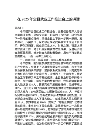 在2025年全县就业工作推进会上的讲话