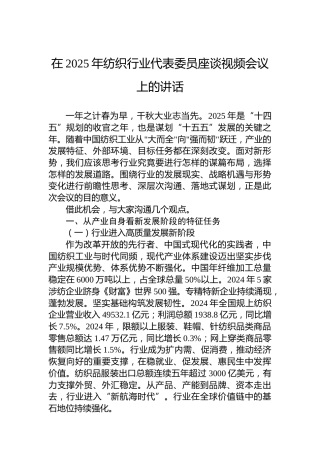 在2025年纺织行业代表委员座谈视频会议上的讲话
