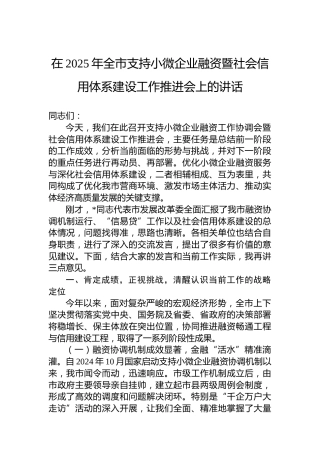 在2025年全市支持小微企业融资暨社会信用体系建设工作推进会上的讲话