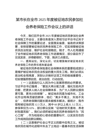 某市长在全市2025年度被征地农民参加社会养老保险工作会议上的讲话