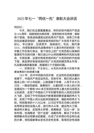 2025年七一“两优一先”表彰大会讲话