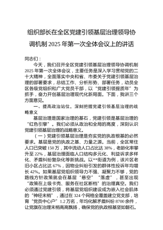 组织部长在全区党建引领基层治理领导协调机制2025年第一次全体会议上的讲话