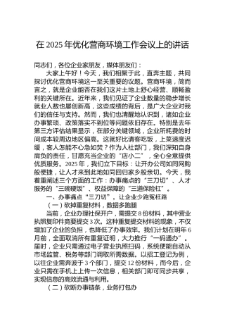 在2025年优化营商环境工作会议上的讲话