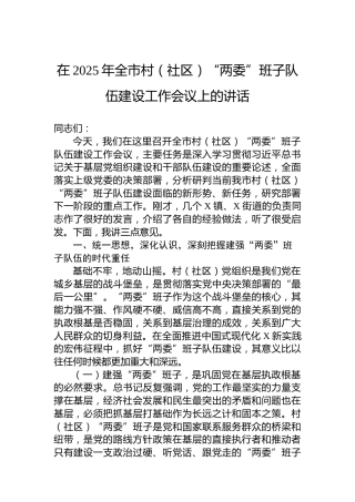 在2025年全市村（社区）“两委”班子队伍建设工作会议上的讲话