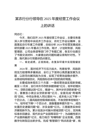 某农行分行领导在2025年度经营工作会议上的讲话
