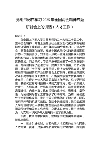 党组书记在学习2025年全国两会精神专题研讨会上的讲话（人才工作）