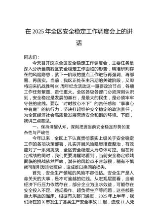 在2025年全区安全稳定工作调度会上的讲话