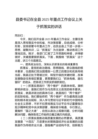 县委书记在全县2025年重点工作会议上关于抓落实的讲话