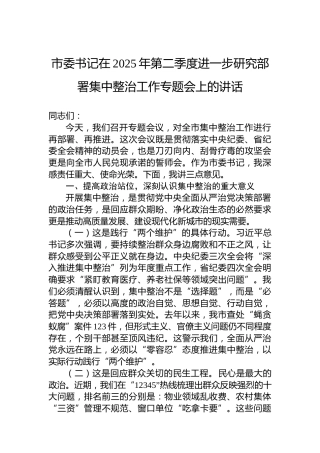 市委书记在2025年第二季度进一步研究部署集中整治工作专题会上的讲话