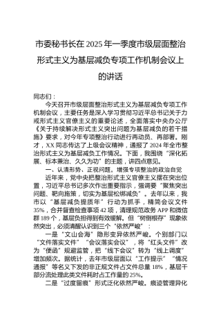 市委秘书长在2025年一季度市级层面整治形式主义为基层减负专项工作机制会议上的讲话