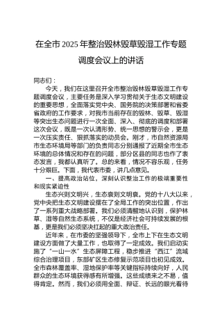 在全市2025年整治毁林毁草毁湿工作专题调度会议上的讲话