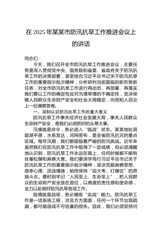 在2025年某某市防汛抗旱工作推进会议上的讲话