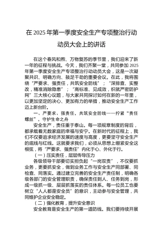 在2025年第一季度安全生产专项整治行动动员大会上的讲话