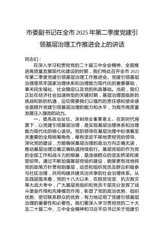 市委副书记在全市2025年第二季度党建引领基层治理工作推进会上的讲话