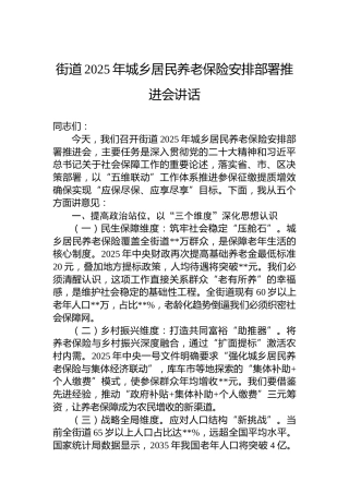 街道2025年城乡居民养老保险安排部署推进会讲话