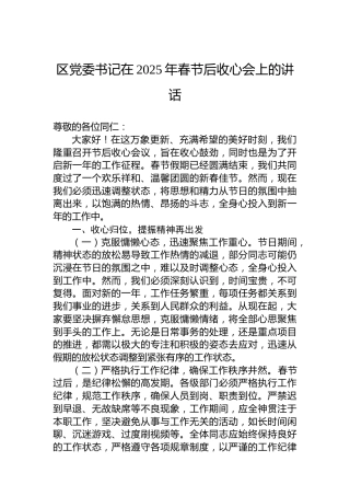 区党委书记在2025年春节后收心会上的讲话