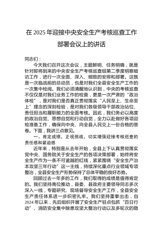 在2025年迎接中央安全生产考核巡查工作部署会议上的讲话