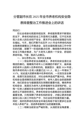分管副市长在2025年全市养老机构安全隐患排查整治工作推进会上的讲话