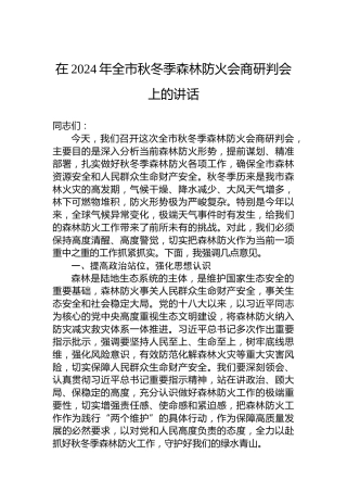 在2024年全市秋冬季森林防火会商研判会上的讲话