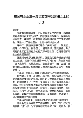 在国有企业2024年三季度党支部书记述职会上的讲话