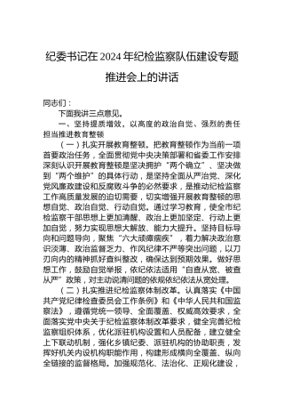 纪委书记在2024年纪检监察队伍建设专题推进会上的讲话