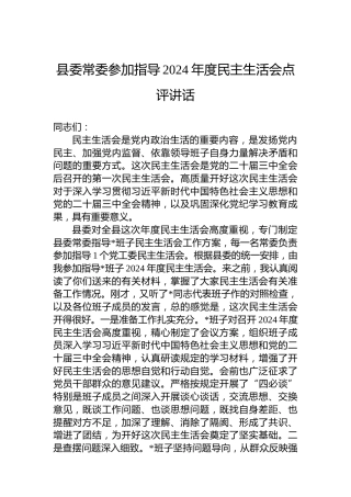 县委常委参加指导2024年度民主生活会点评讲话