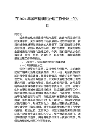 在2024年城市精细化治理工作会议上的讲话